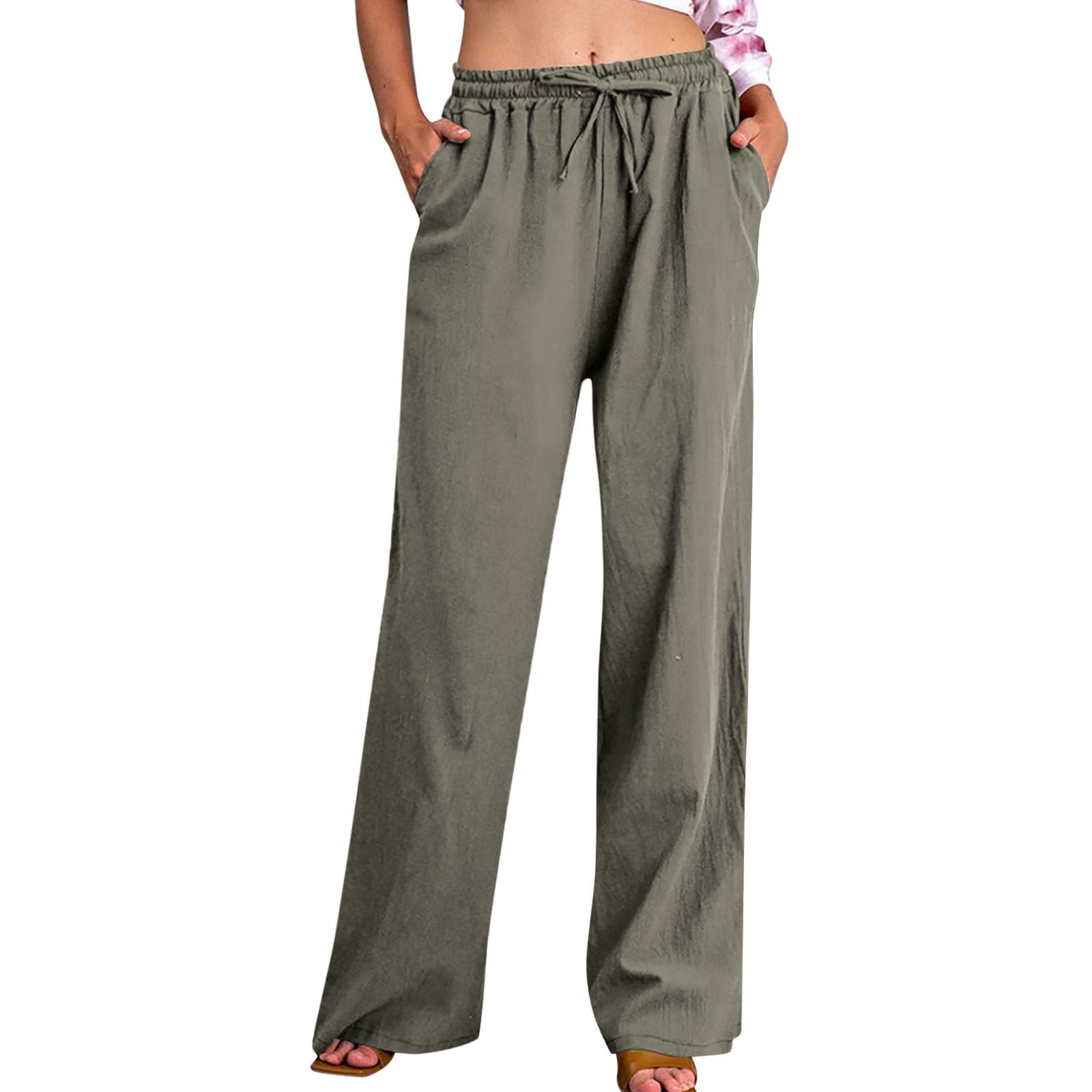 Hfyihgf Women Summer High Waisted Cotton Linen Pants Lace-Up