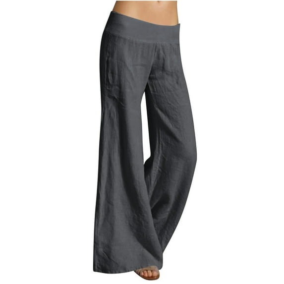 AherBiu Cotton Linen Pants for Women Smocked Low Rise Straight Leg Lightweight Summer Loose Lounge Trousers