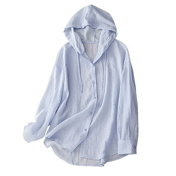 AherBiu Cotton Linen Shirts for Women Hooded Long Sleeve Sunproof Button down Lightweight Jacket Shacket