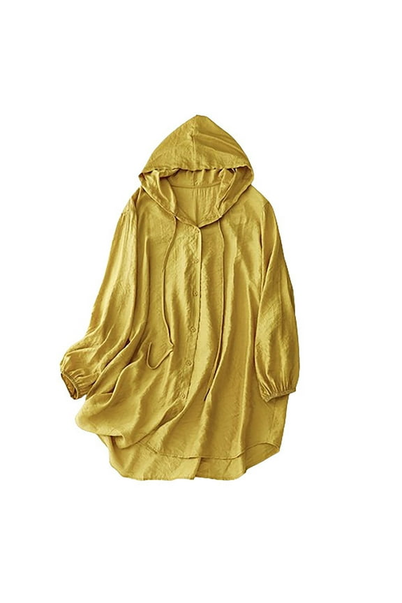 Cotton Linen Shirts for Women Hooded Long Sleeve Sunproof Button down Lightweight Jacket Shacket