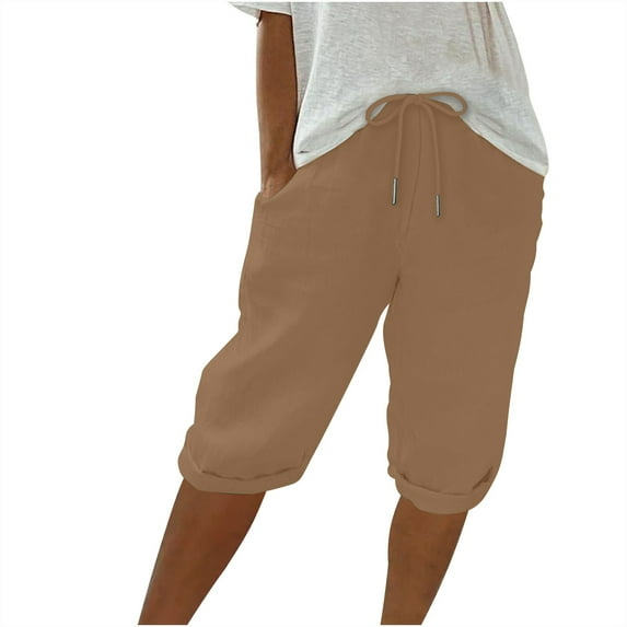 AherBiu Cotton Linen Shorts for Women Knee Length Drawstring High Waisted Summer Lightweight Lounge Shorts