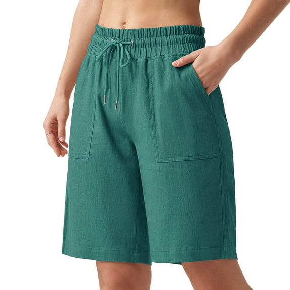 AherBiu Cotton Linen Shorts for Women Lightweight High Waisted Straight Leg Summer Shorts with Pockets