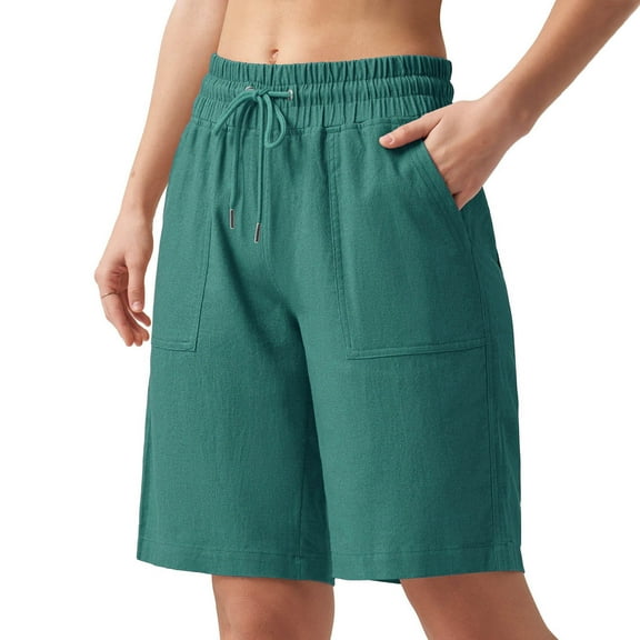 AherBiu Cotton Linen Shorts for Women Lightweight High Waisted Straight Leg Summer Shorts with Pockets