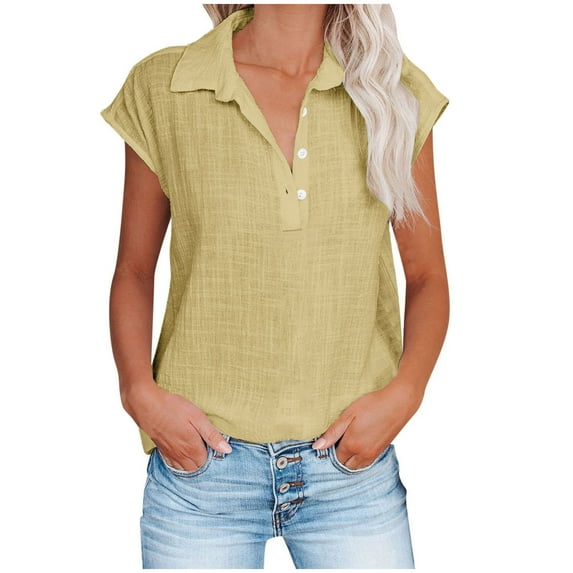 AherBiu Cotton Linen Tops for Women Half Button Lapel V Neck Summer Casual Lightweight Shirts Blouse