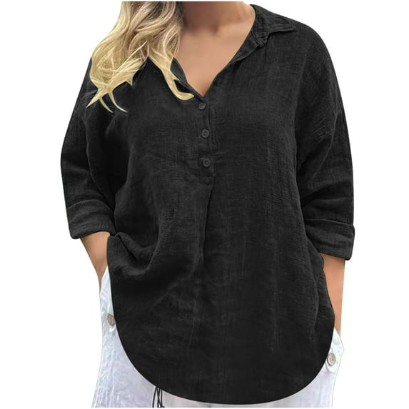 AherBiu Cotton Linen Tops for Women Lightweight Quarter Button Lapel V Neck Long Sleeve Shirts Blouse