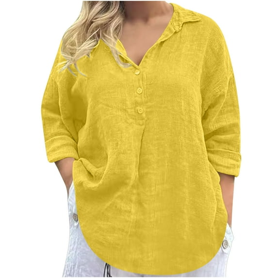 AherBiu Cotton Linen Tops for Women Lightweight Quarter Button Lapel V Neck Long Sleeve Shirts Blouse