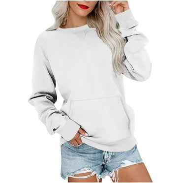 AherBiu Crew Neck Sweatshirt for Women Long Sleeve Tops Pullover with Pockets Solid Color Dailywear Sweatshirts