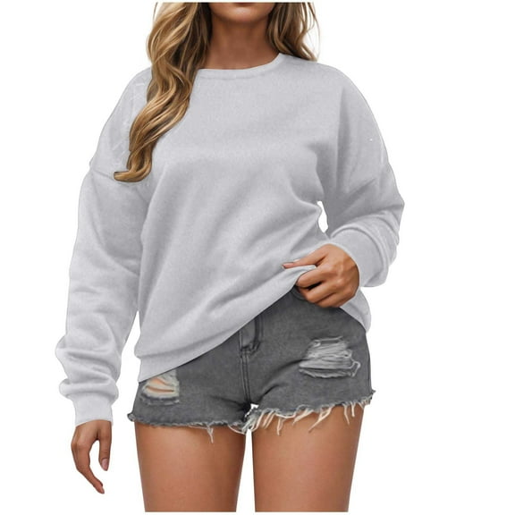 AherBiu Crew Neck Sweatshirts for Women Pullover Long Sleeve Tops Solid Color Casual Fitted Sweatshirt