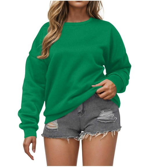 AherBiu Crew Neck Sweatshirts for Women Pullover Long Sleeve Tops Solid Color Casual Fitted Sweatshirt