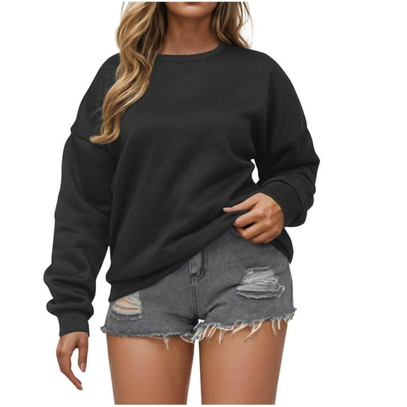 AherBiu Crew Neck Sweatshirts for Women Pullover Long Sleeve Tops Solid Color Casual Fitted Sweatshirt