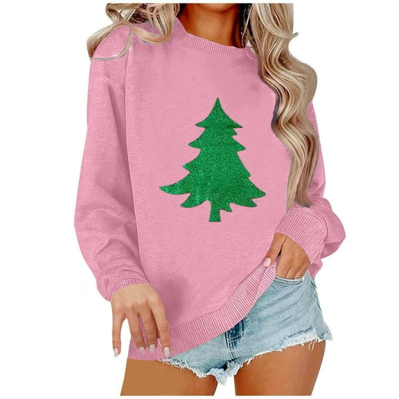 AherBiu Crewneck Sweatshirt for Women Christmas Tree Graphic Long Sleeve Tops Pullover Oversized Sweatshirts