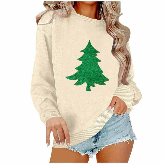 AherBiu Crewneck Sweatshirt for Women Christmas Tree Graphic Long Sleeve Tops Pullover Oversized Sweatshirts