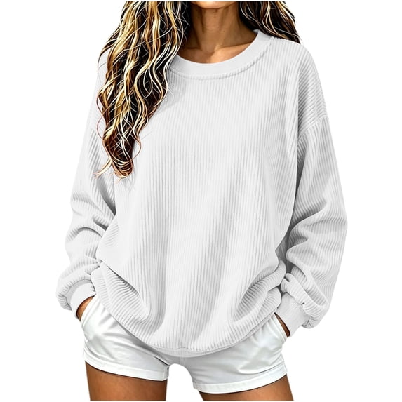 AherBiu Crewneck Sweatshirt for Women Corduroy Oversized Baggy Pullover Vintage Drop Shoulder Long Sleeve Tops