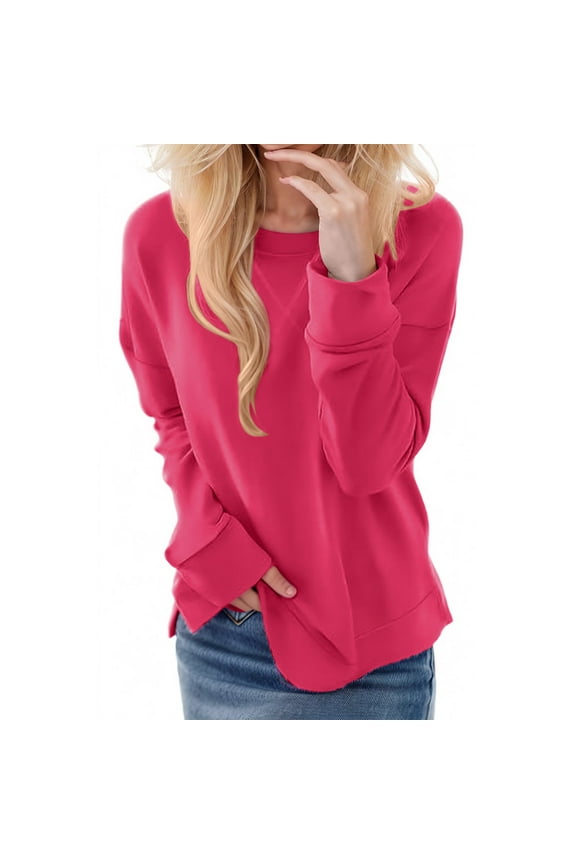 Crewneck Sweatshirt for Women Side Slit Long Sleeve Oversized Tops Drop Shoulder Athletic Pullover