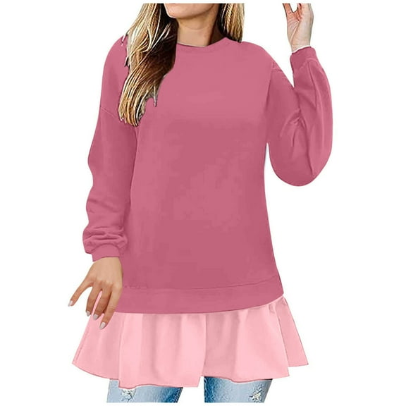 AherBiu Crewneck Sweatshirts for Women Ruffle Patchwork Long Sleeve Casual Loose Pullover Tops
