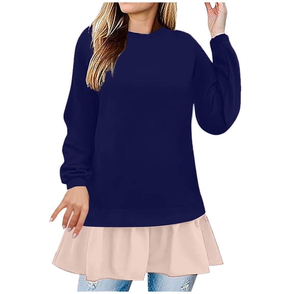 AherBiu Crewneck Sweatshirts for Women Ruffle Patchwork Long Sleeve Casual Loose Pullover Tops