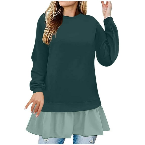 AherBiu Crewneck Sweatshirts for Women Ruffle Patchwork Long Sleeve Casual Loose Pullover Tops