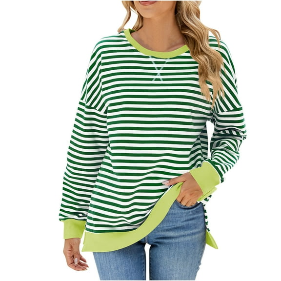 AherBiu Crewneck Sweatshirts for Women Striped Long Sleeve Slit Oversized Pullover Fall Casual Loose Tops