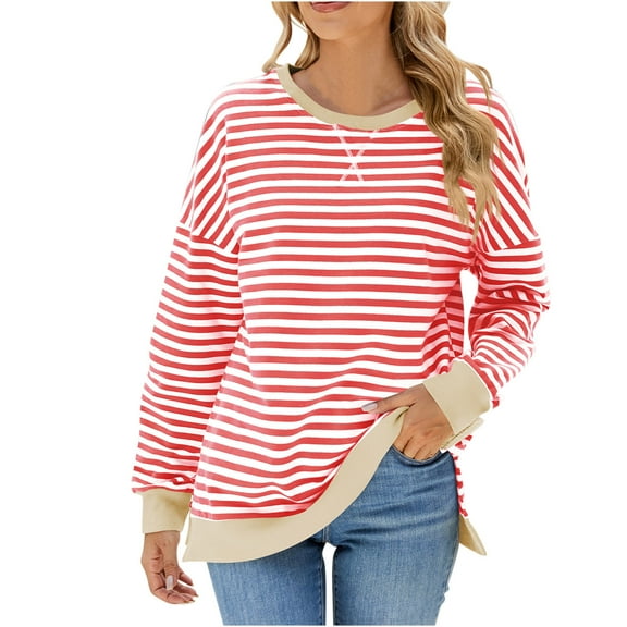 AherBiu Crewneck Sweatshirts for Women Striped Long Sleeve Slit Oversized Pullover Fall Casual Loose Tops