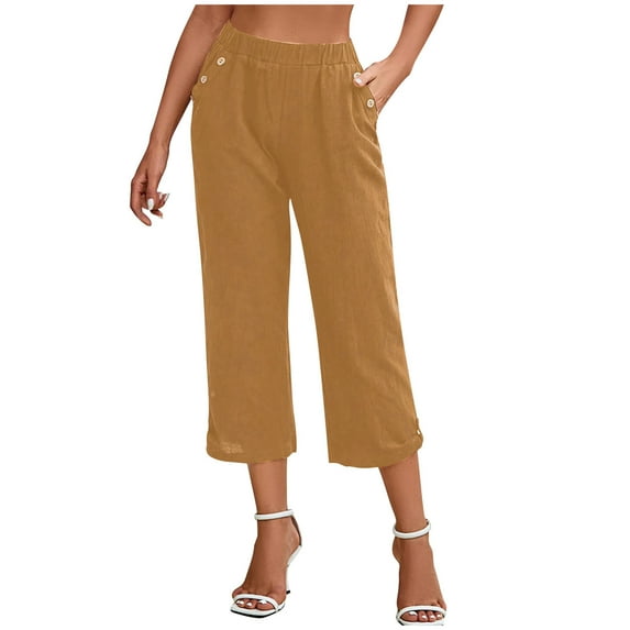 AherBiu Crop Pants for Women High Waisted Straight Leg Lightweight Solid Color 7/8 Length Trousers