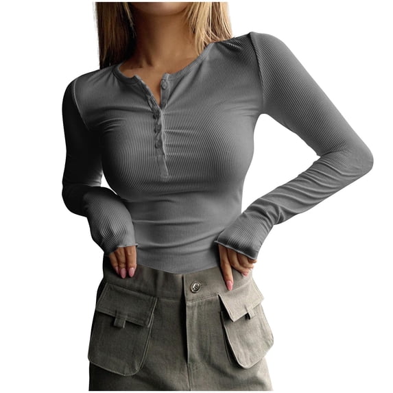 AherBiu Crop Tops for Women 1/2 Button Crewneck Slim Fitted Ribbed Stretch Long Sleeve Shirt Going out Tops