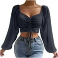 thumbnail image 1 of AherBiu Crop Tops for Women Chiffon Lantern Sleeve Ribbed Drawstring Low Cut Going out Sexy Shirts Blouse, 1 of 7