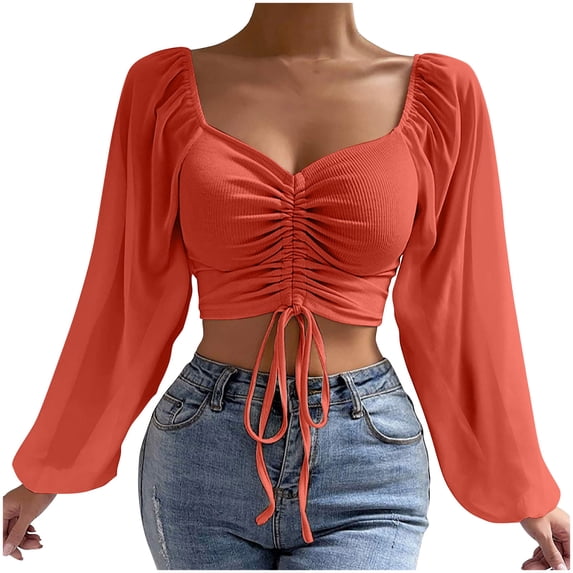 AherBiu Crop Tops for Women Chiffon Lantern Sleeve Ribbed Drawstring Low Cut Going out Sexy Shirts Blouse