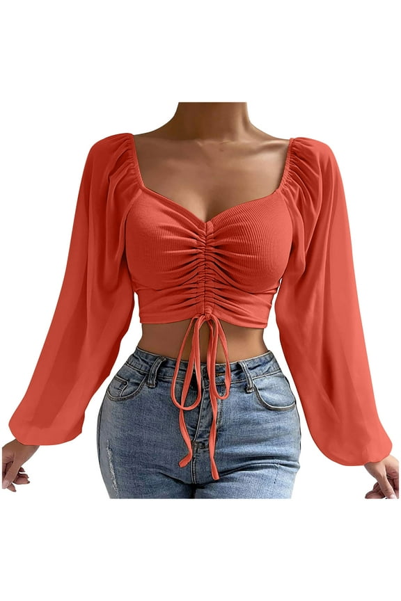 Crop Tops for Women Chiffon Lantern Sleeve Ribbed Drawstring Low Cut Going out Sexy Shirts Blouse