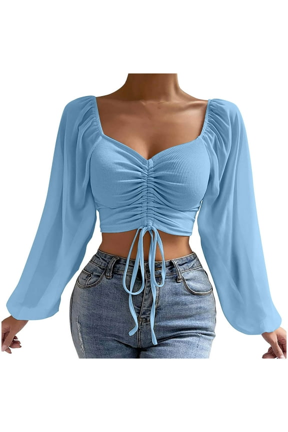 Crop Tops for Women Chiffon Lantern Sleeve Ribbed Drawstring Low Cut Going out Sexy Shirts Blouse