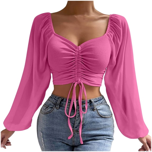 AherBiu Crop Tops for Women Chiffon Lantern Sleeve Ribbed Drawstring Low Cut Going out Sexy Shirts Blouse