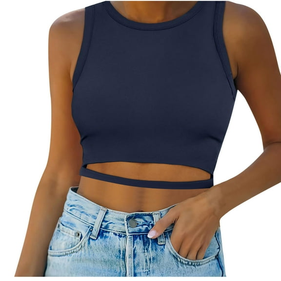 AherBiu Crop Tops for Women Cutout Hem Cute Tank Ladies Shirts Crewneck Sleeveless Slim Fitted Stretch Going out Tops