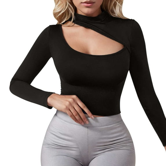AherBiu Crop Tops for Women Cutout Neck Long Sleeve Slim Fitted Fall Casual Stretch Comfy Cute Shirts