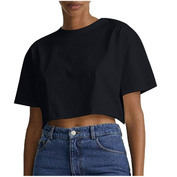 AherBiu Crop Tops for Women Drop Shoulder Short Sleeve Crewneck Solid Color Basic T Shirts Loose Tees