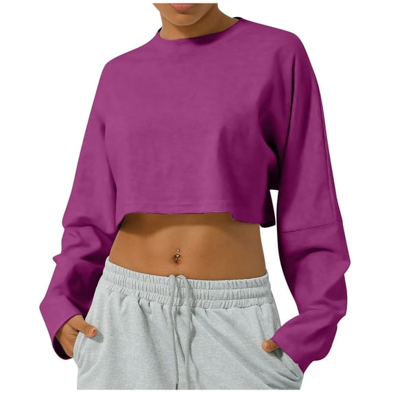 AherBiu Crop Tops for Women Fall Casual Loose Long Sleeve Crewneck Pullover Solid Color Plain Tshirts