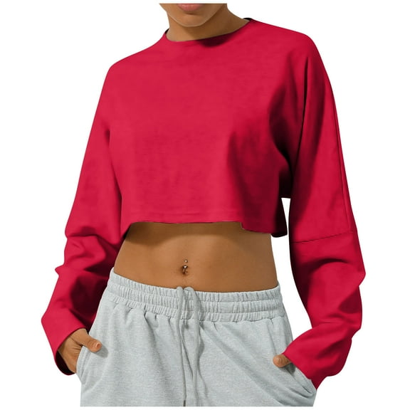 AherBiu Crop Tops for Women Fall Casual Loose Long Sleeve Crewneck Pullover Solid Color Plain Tshirts
