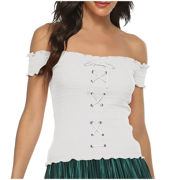 AherBiu Crop Tops for Women Going out Tops off Shoulder Short Sleeve Stretch Crossover Drawstring Cute Shirt Blouse