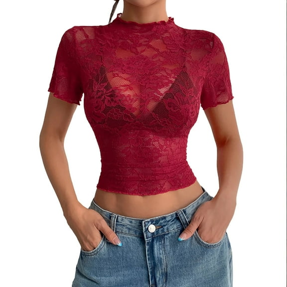 AherBiu Crop Tops for Women Lace See Through Short Sleeve High Neck Going out Tops Cute Shirts Blouse