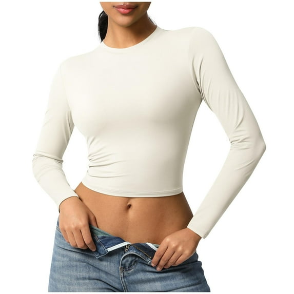 AherBiu Crop Tops for Women Long Sleeve Crewneck Stretch Slim Fitted Basic Layer T Shirt Cute Plain Tees