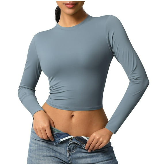 AherBiu Crop Tops for Women Long Sleeve Crewneck Stretch Slim Fitted Basic Layer T Shirt Cute Plain Tees