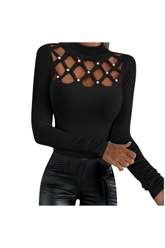 Crop Tops for Women Long Sleeve Hollow Low Cut High Neck Slim Fitted Stretch Cute Undershirts
