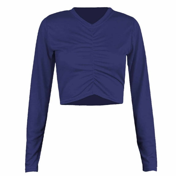 AherBiu Crop Tops for Women Long Sleeve Ruched V Neck Solid Color Basic Fall Casual Top Tees Pullover Tshirts