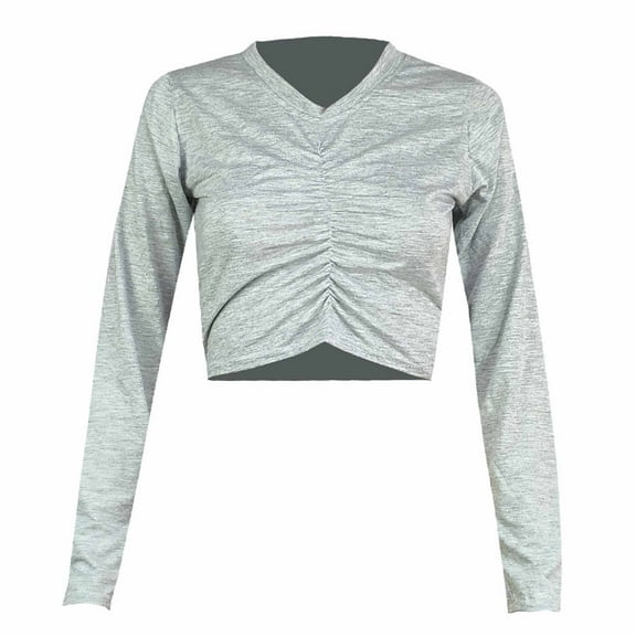 AherBiu Crop Tops for Women Long Sleeve Ruched V Neck Solid Color Basic Fall Casual Top Tees Pullover Tshirts