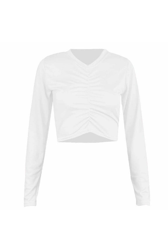 Crop Tops for Women Long Sleeve Ruched V Neck Solid Color Basic Fall Casual Top Tees Pullover Tshirts