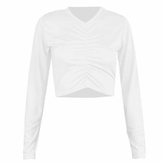 AherBiu Crop Tops for Women Long Sleeve Ruched V Neck Solid Color Basic Fall Casual Top Tees Pullover Tshirts