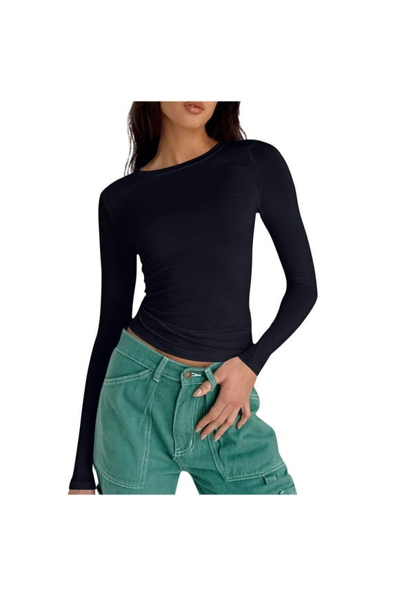 Crop Tops for Women Long Sleeve Shirts Crewneck Comfy Slim Fitted Basic Layer Top Plain Yoga Tees