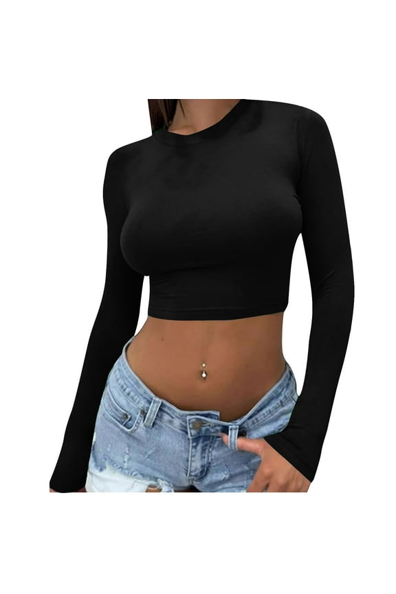 Crop Tops for Women Long Sleeve Slim Fitted Undershirt Comfy Tshirt Crewneck Basic Top Tees