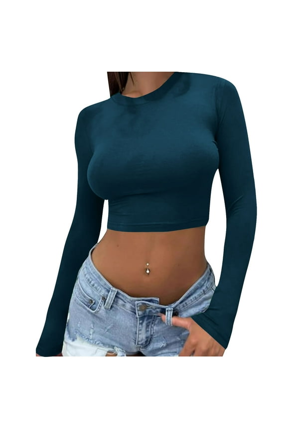 Crop Tops for Women Long Sleeve Slim Fitted Undershirt Comfy Tshirt Crewneck Basic Top Tees