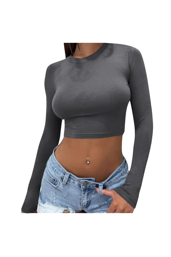 Crop Tops for Women Long Sleeve Slim Fitted Undershirt Comfy Tshirt Crewneck Basic Top Tees