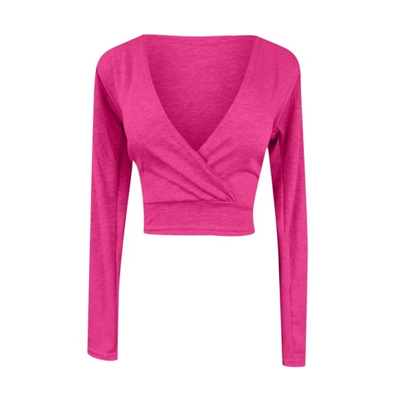 AherBiu Crop Tops for Women Long Sleeve Wrap Deep V Neck Basic Top Tees Shirts Blouse Solid Color