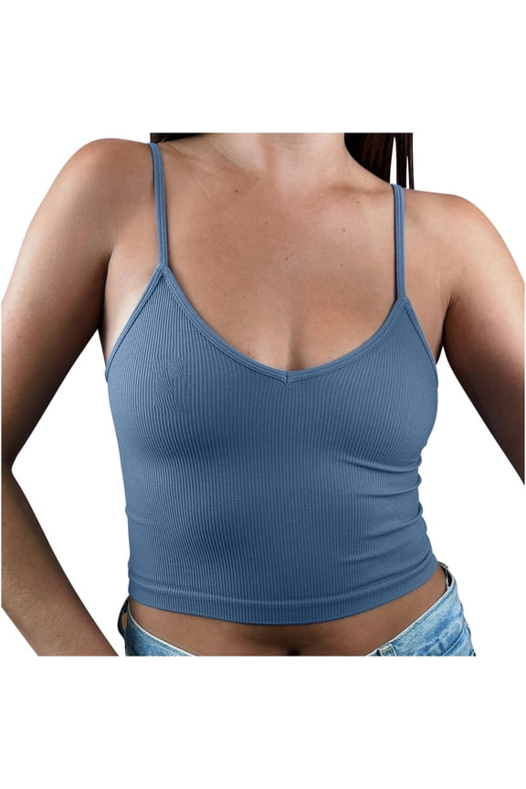 Crop Tops for Women Ribbed Going out Tank Tops Slim Deep V Neck Stretchy Spaghetti Strap Cami Shirt